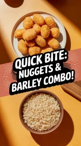 Plate of lazy microwave frozen chicken nuggets served with instant barley