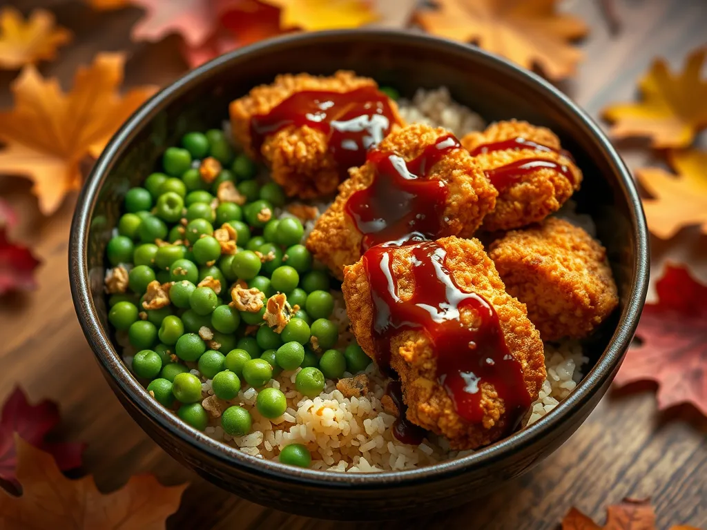 Delicious lazy microwave frozen chicken nuggets served with instant farro and green peas.