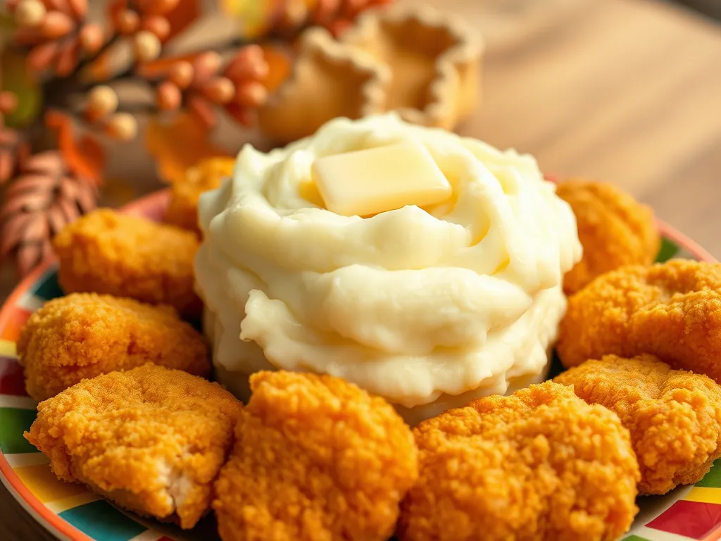Delicious lazy microwave frozen chicken nuggets served with instant mashed potatoes topped with butter.
