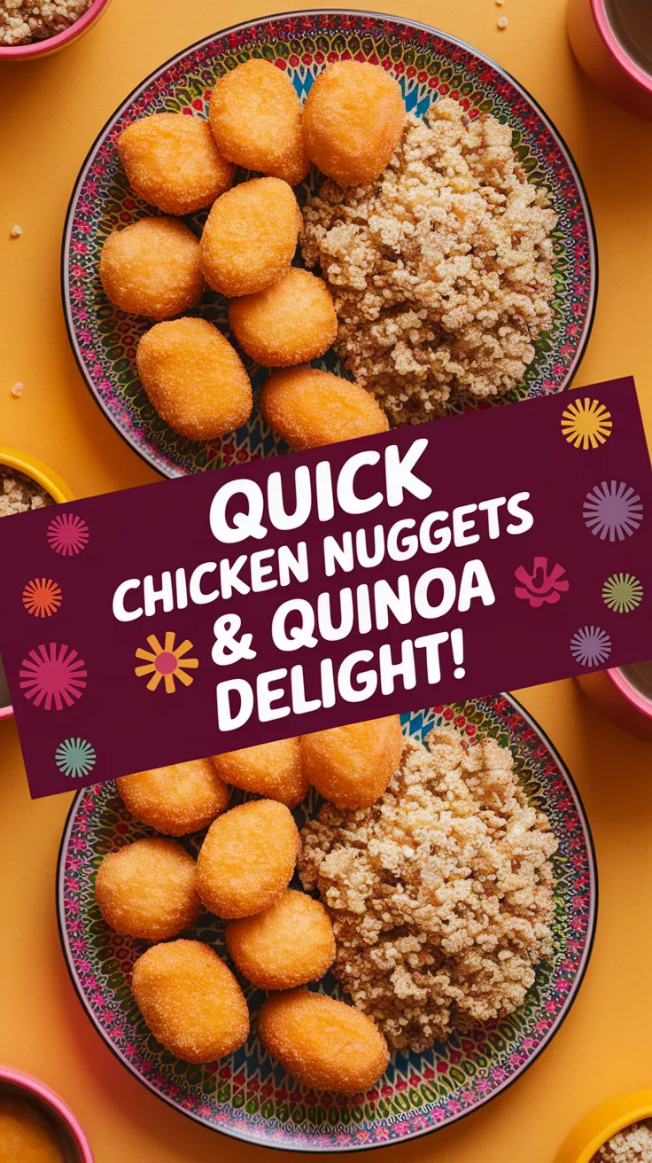Lazy microwave frozen chicken nuggets with instant quinoa flakes on a vibrant plate