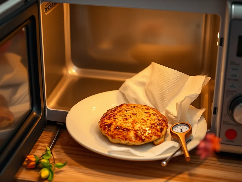A frozen chicken patty cooking in the microwave, ideal for an easy meal with instant barley.