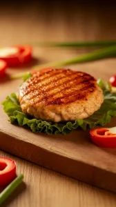 Juicy lazy microwave frozen chicken patty served on lettuce with red pepper