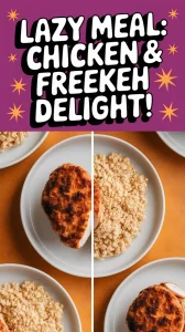 Delicious lazy microwave frozen chicken patty served with instant freekeh