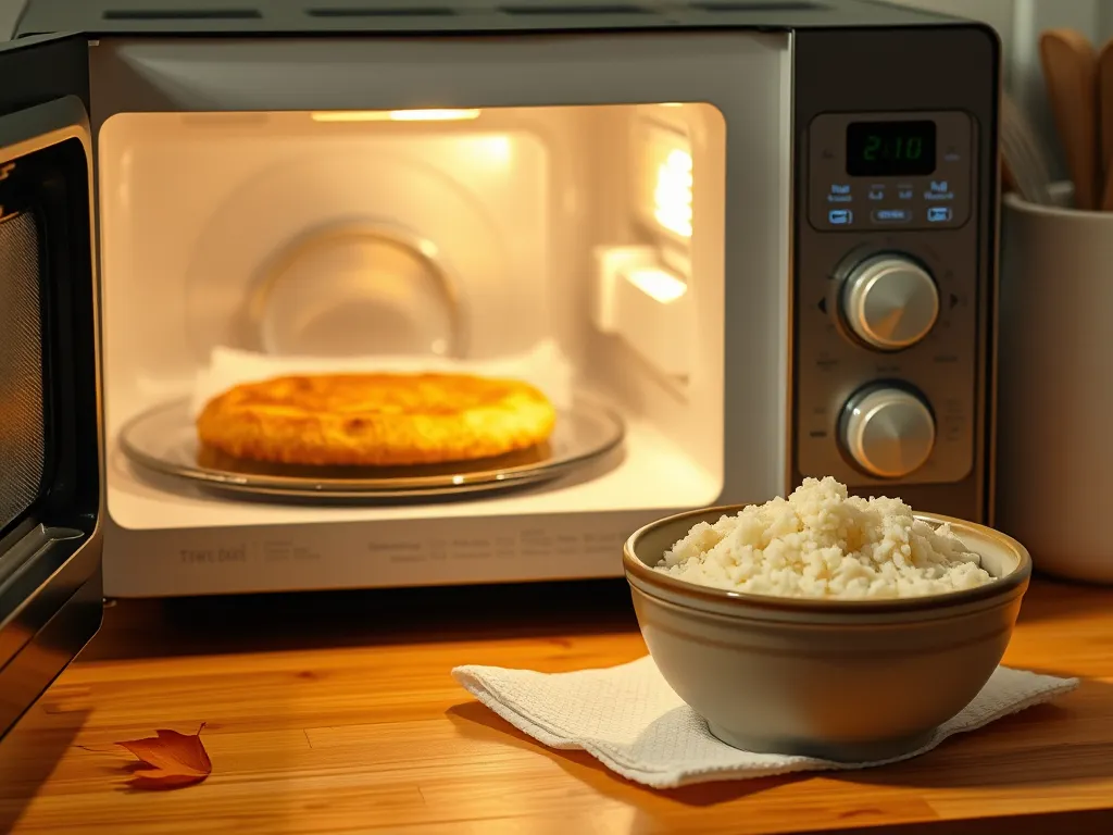 Microwave with frozen chicken patty and bowl of instant rice, representing a quick meal.