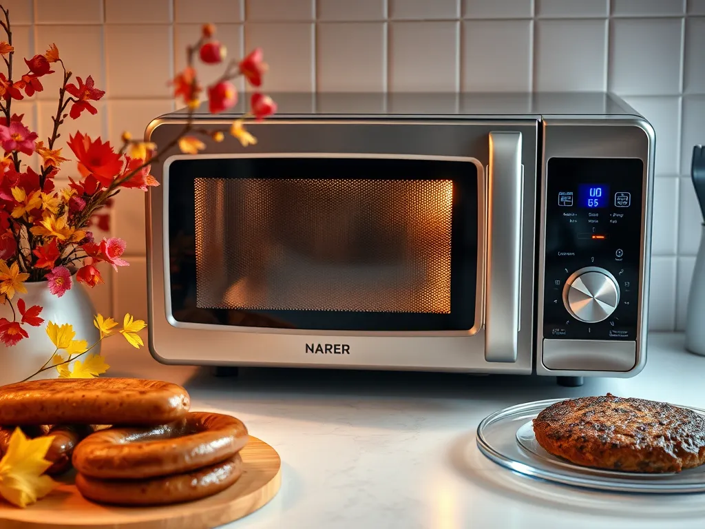 Microwave preparing frozen chicken patty with buns on the side for a quick sandwich