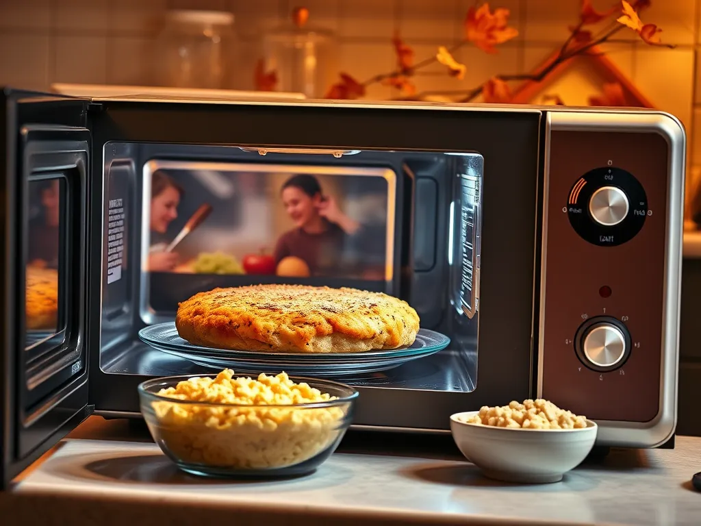 Delicious lazy microwave frozen chicken patty with stuffing cooking in a microwave.