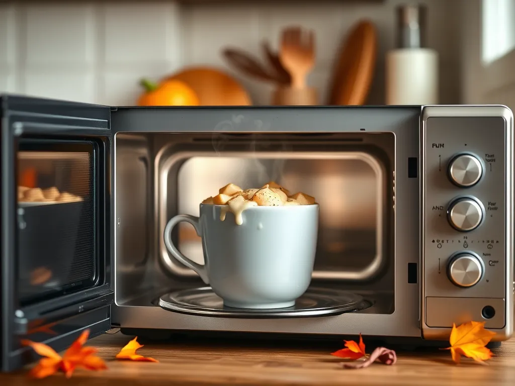 A delicious chicken pot pie mug cooking in a microwave, showcasing a quick and easy meal.