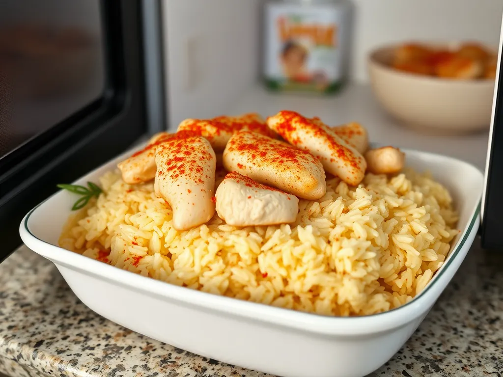 Delicious lazy microwave frozen chicken tender and rice casserole topped with paprika.