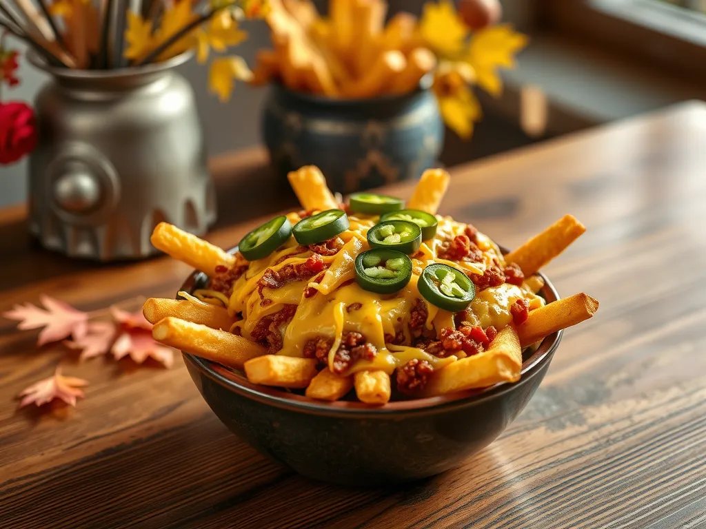A bowl of lazy microwave canned chili cheese fries topped with green jalapeños.