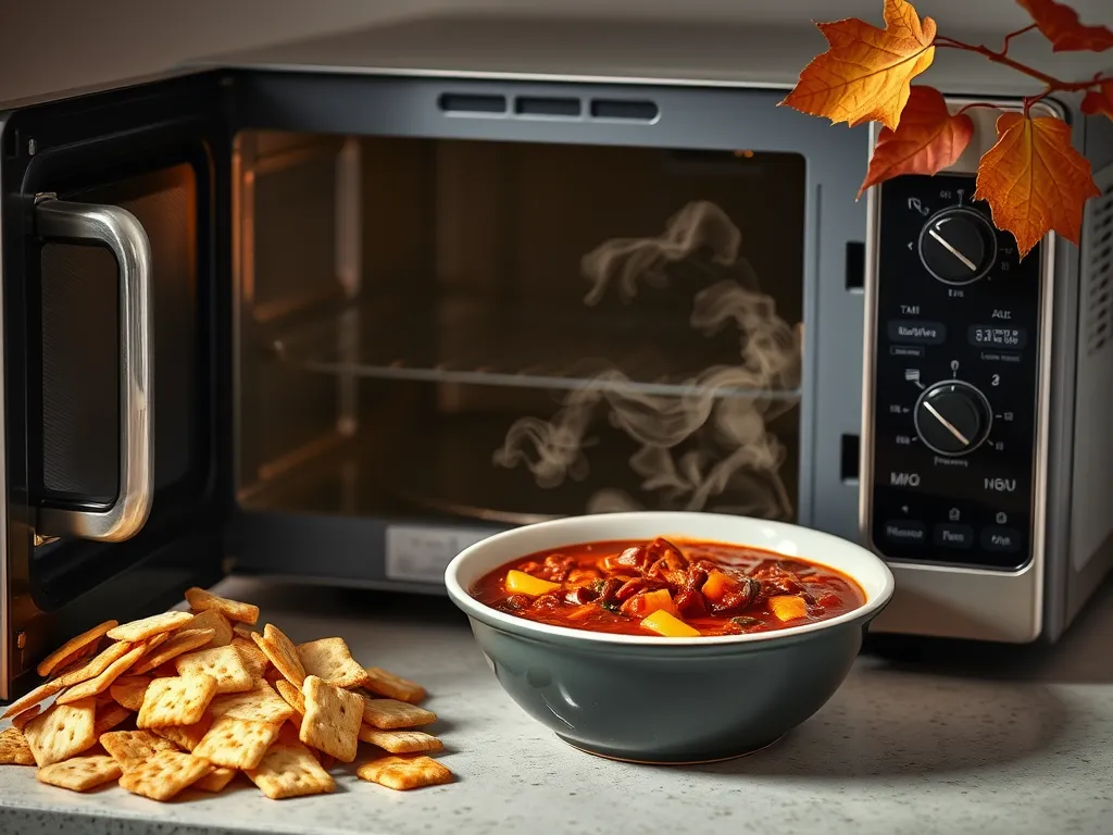 A bowl of steaming canned chili beside a microwave and a pile of crackers