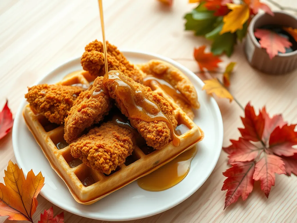 Frozen chicken and waffles drizzled with syrup, ideal for a quick meal.