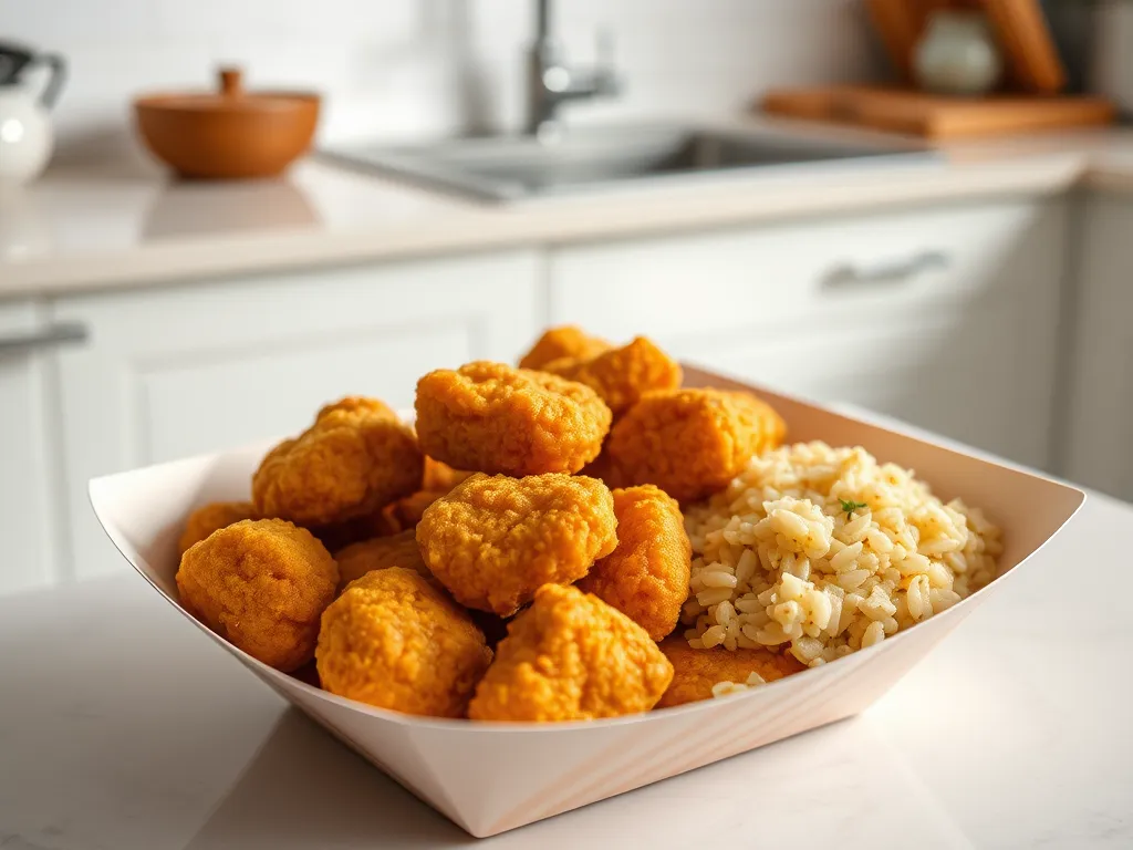 Bowl of chicken nuggets and rice for lazy microwave meal