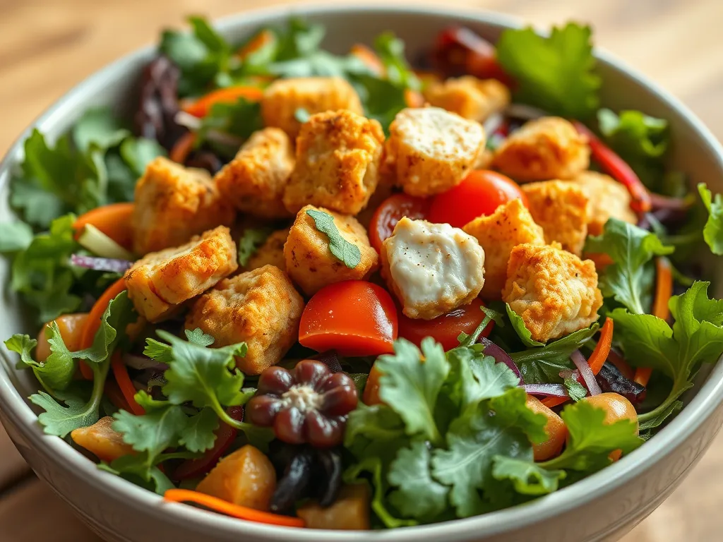 A vibrant salad topped with crispy microwave frozen chicken nuggets, fresh vegetables, and dressing