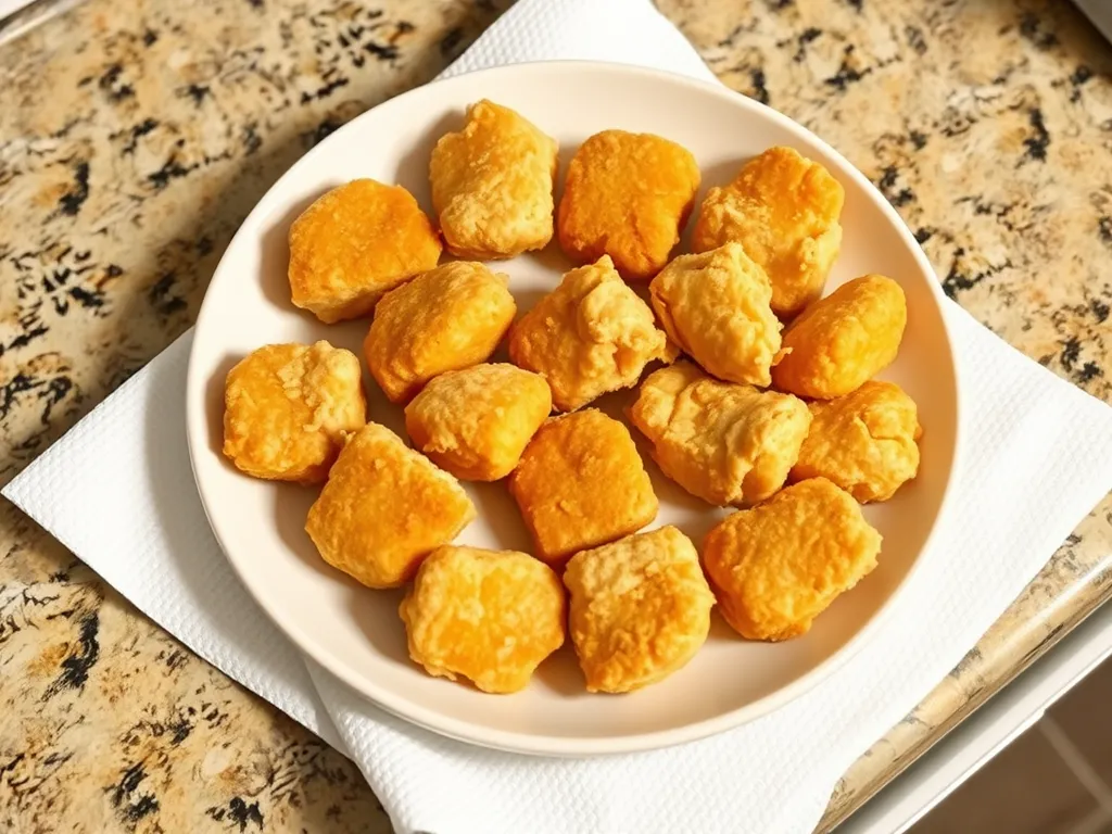 Plate of lazy microwave frozen chicken nuggets, perfect for quick meals