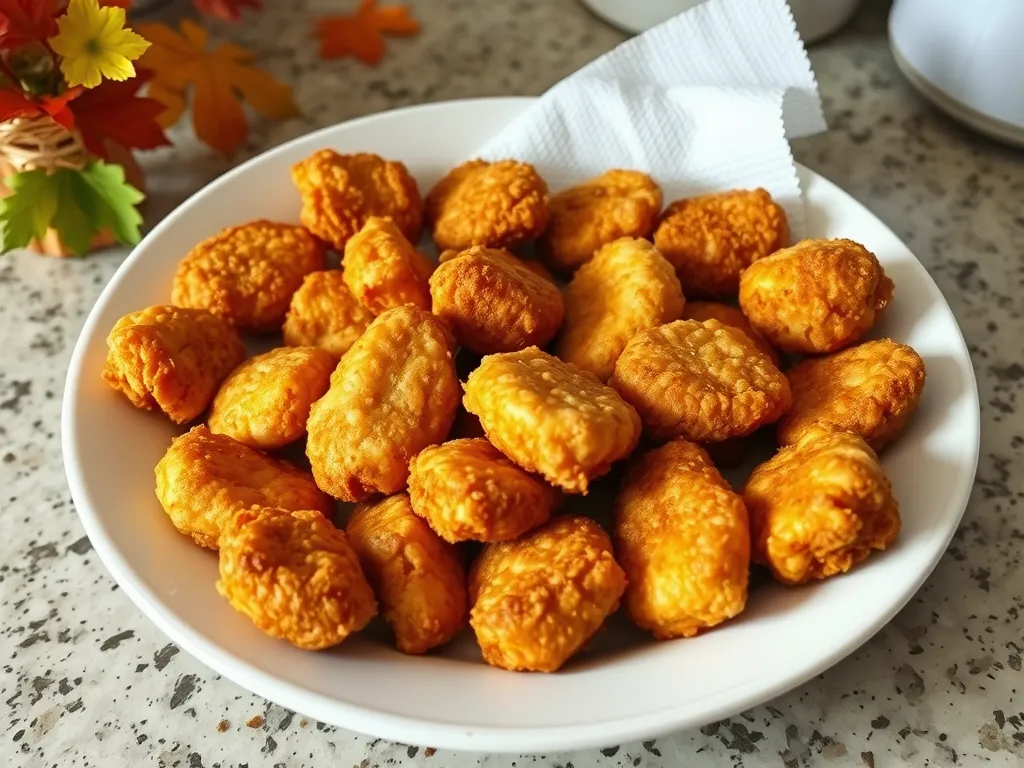 Plate of lazy microwave frozen chicken nuggets, perfect for quick meals.