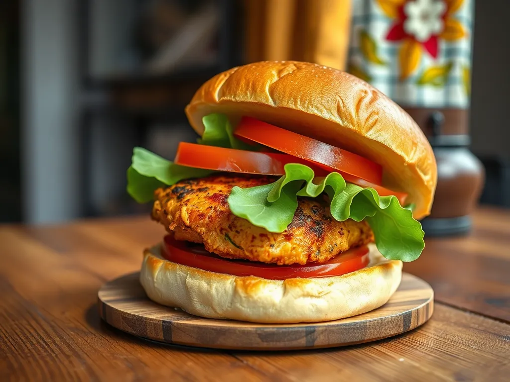 A delicious lazy microwave frozen chicken patty salad featuring fresh lettuce, tomatoes, and a flavorful chicken patty.