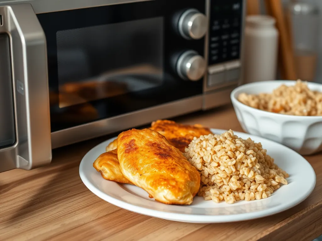 Delicious lazy microwave frozen chicken tender served with instant farro on a plate