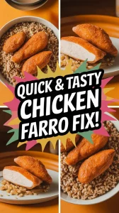 Delicious lazy microwave frozen chicken tenders served on a bed of instant farro.