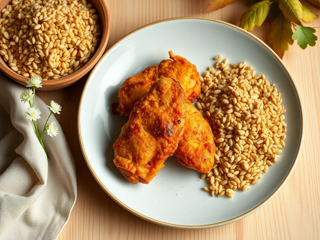 Lazy microwave frozen chicken tenders served with instant kamut on a white plate.