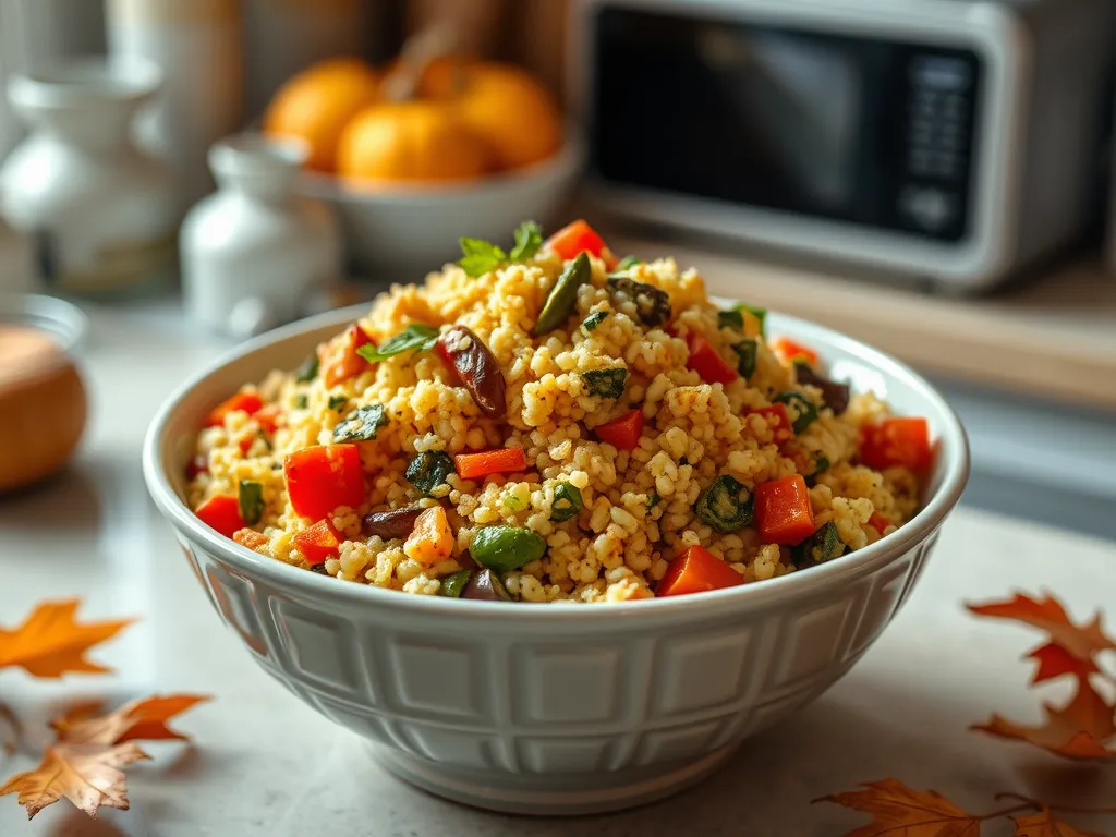 Bowl of instant sorghum with vegetables, perfect for lazy microwave chicken tender meals.