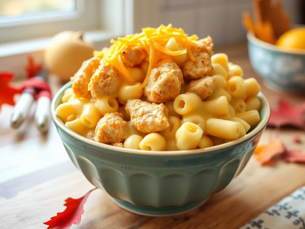 Bowl of lazy microwave frozen chicken tender mac and cheese topped with cheese