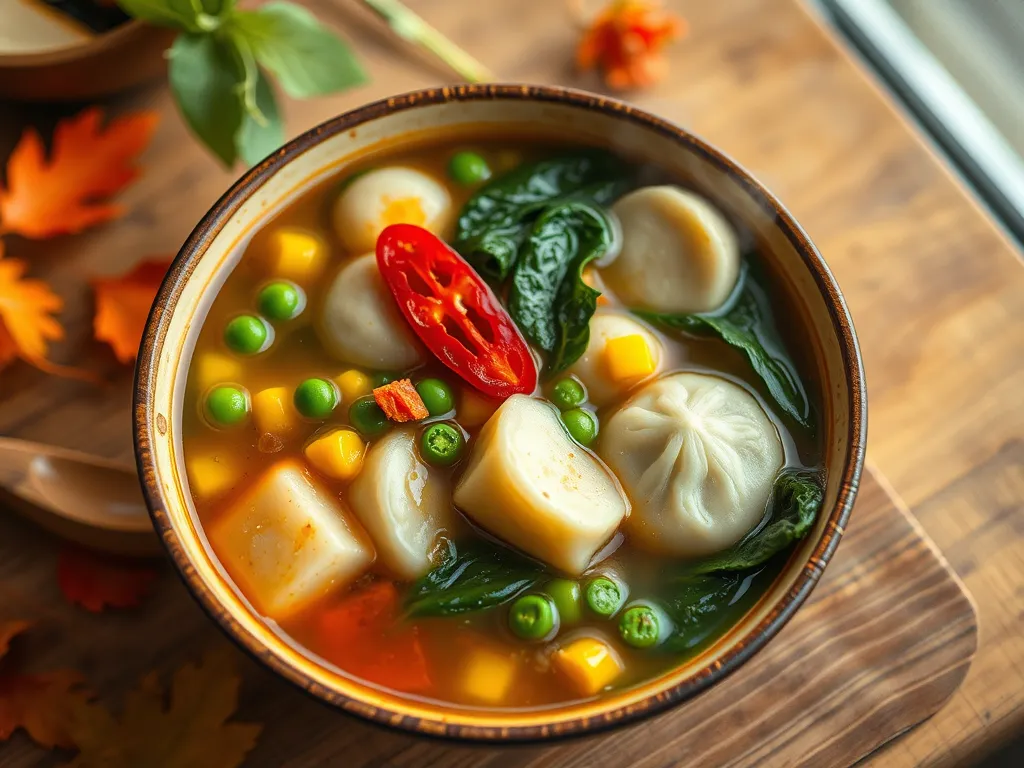 Delicious bowl of lazy microwave frozen dumpling soup with vegetables and herbs