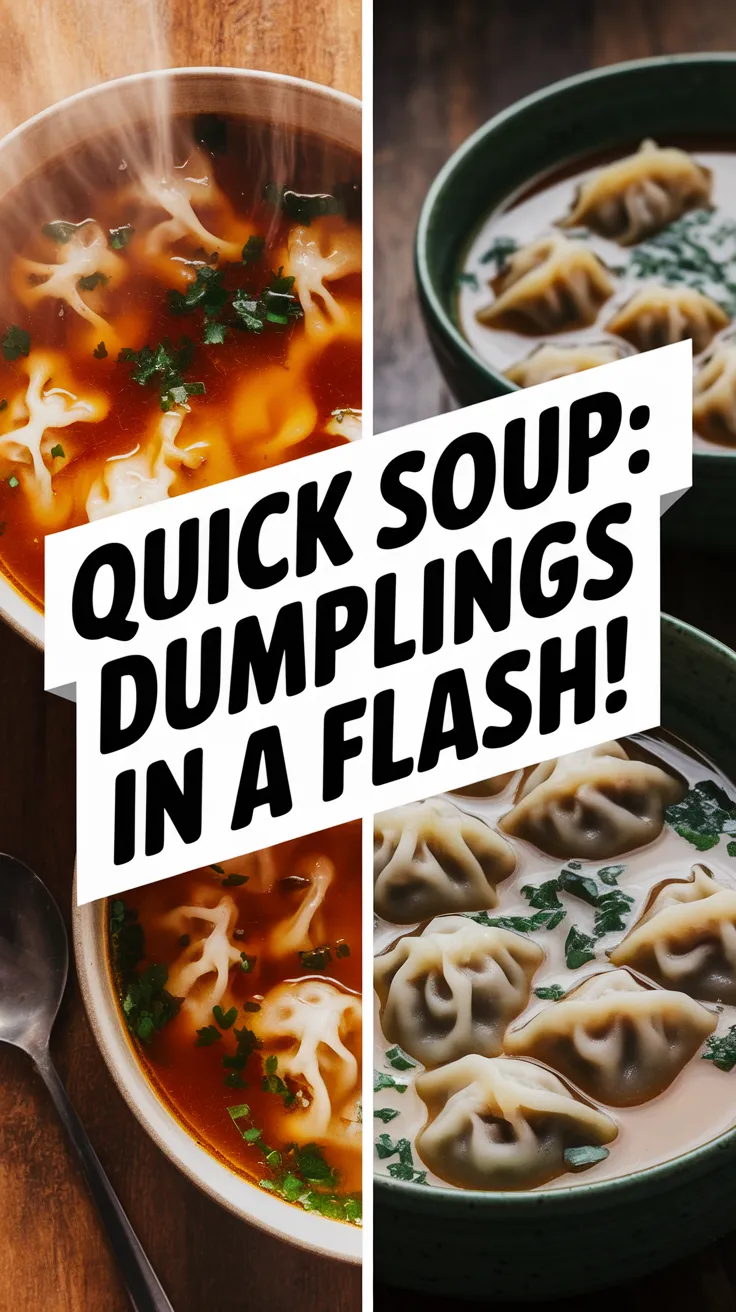 Delicious lazy microwave frozen dumpling soup served in two bowls with steam rising.