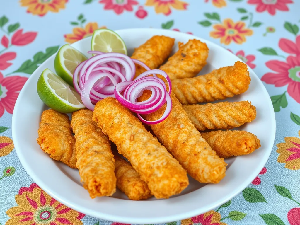 Frozen fish sticks arranged on a plate with lime and onions, perfect for tacos