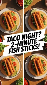 Crispy fish sticks on tacos with lime and fresh toppings, perfect for lazy taco night.