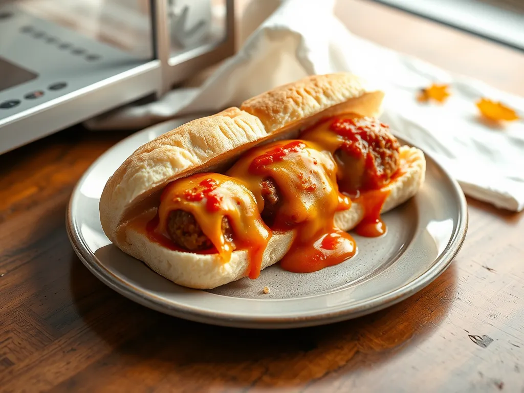 Delicious lazy microwave frozen meatball sub with melted cheese and sauce