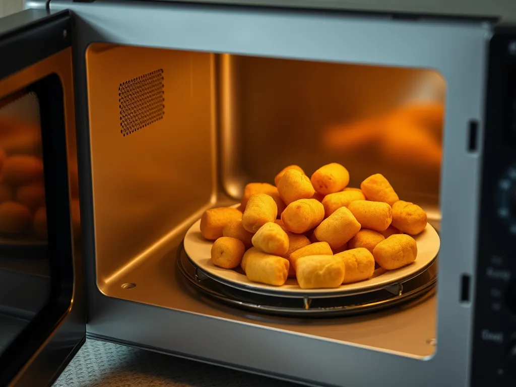 Delicious lazy microwave frozen mini corndog bites cooking in a microwave.