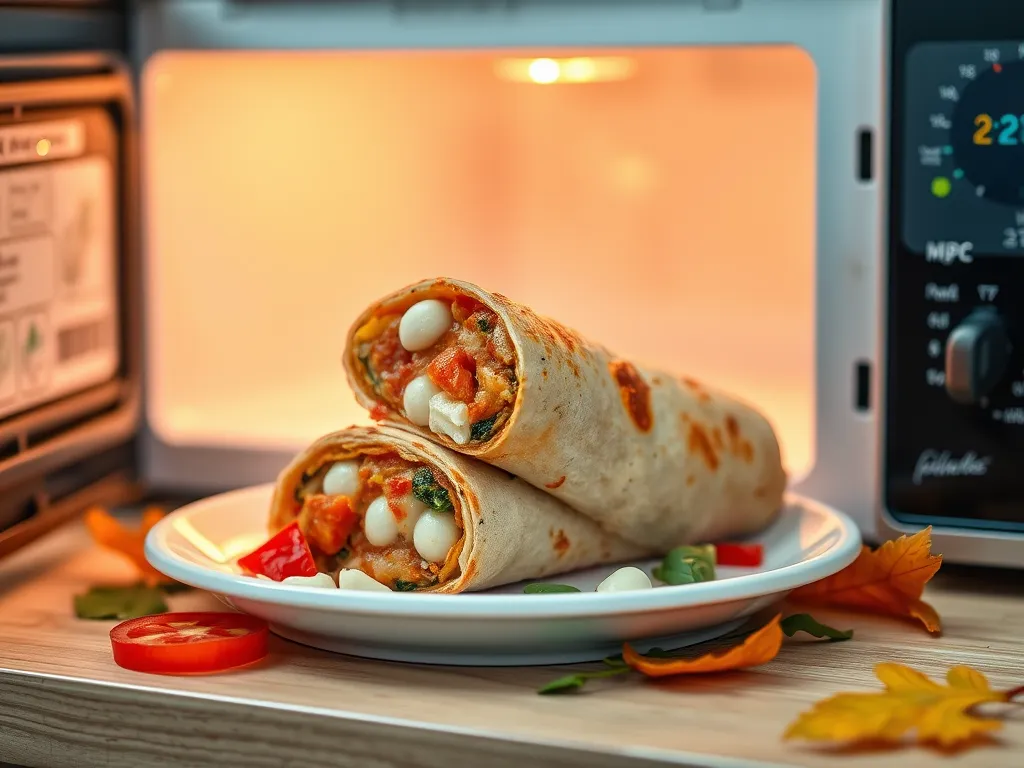 Delicious frozen mini pizza burrito heating in a microwave