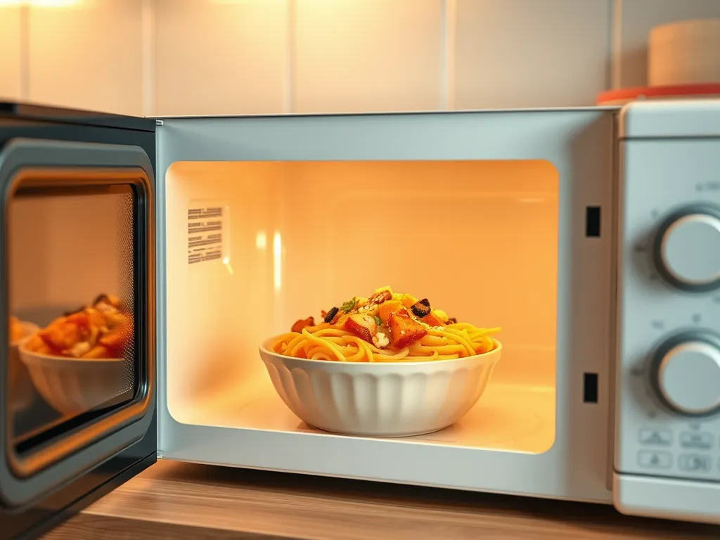 A delicious bowl of noodle pizza fusion inside a microwave ready to cook.