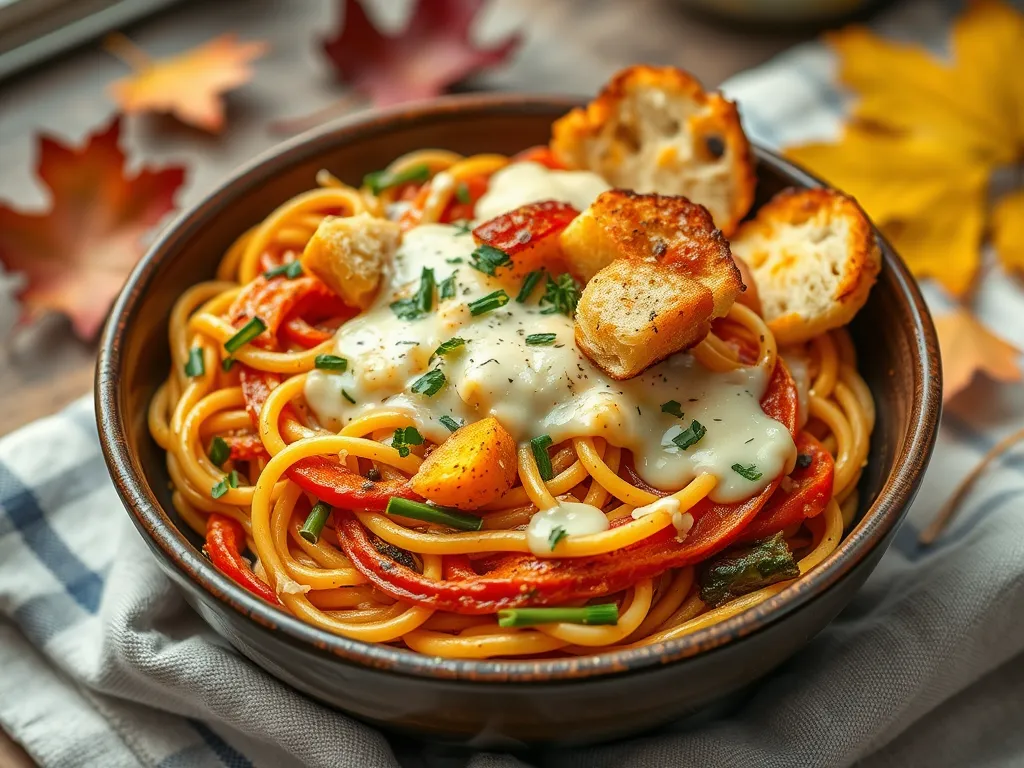 Delicious lazy microwave frozen mini pizza pasta casserole with pasta and toppings