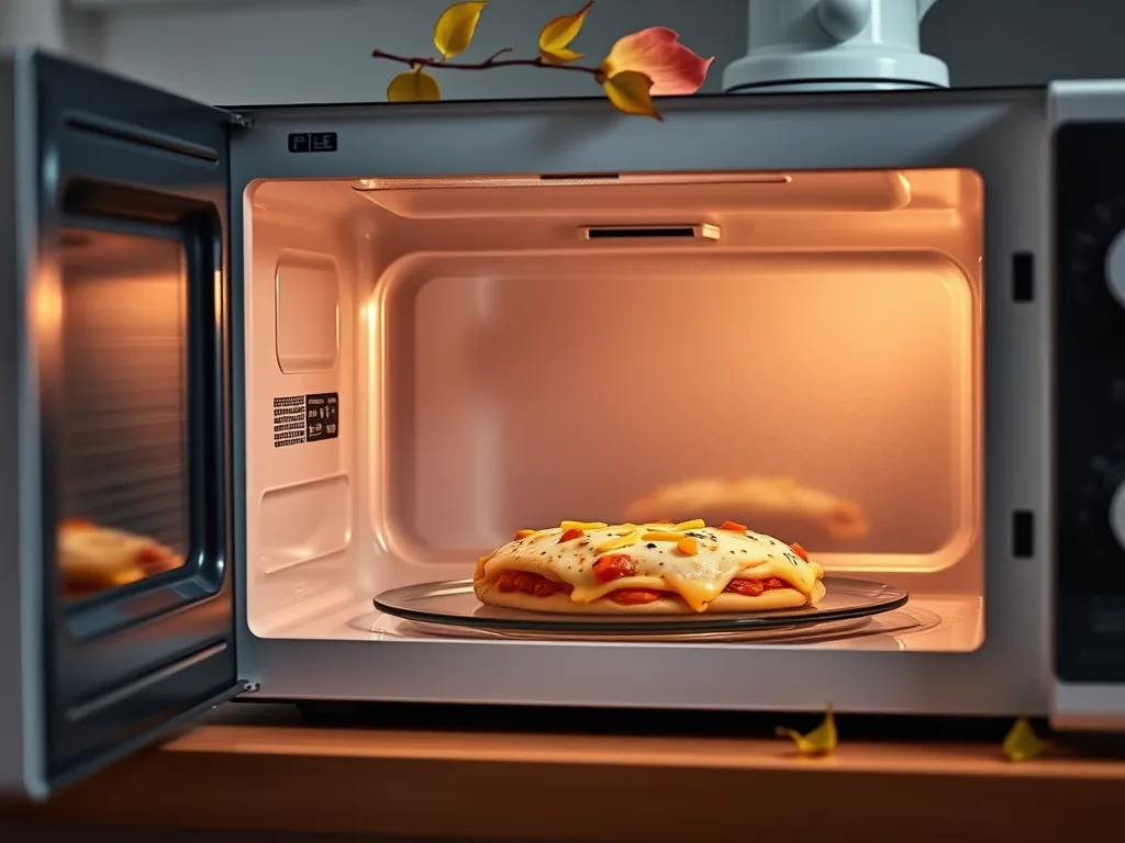 Frozen mini pizza quesadilla being microwaved, ideal for quick meals.
