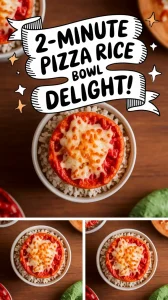 A delicious lazy microwave frozen mini pizza rice bowl topped with cheese and sauce.