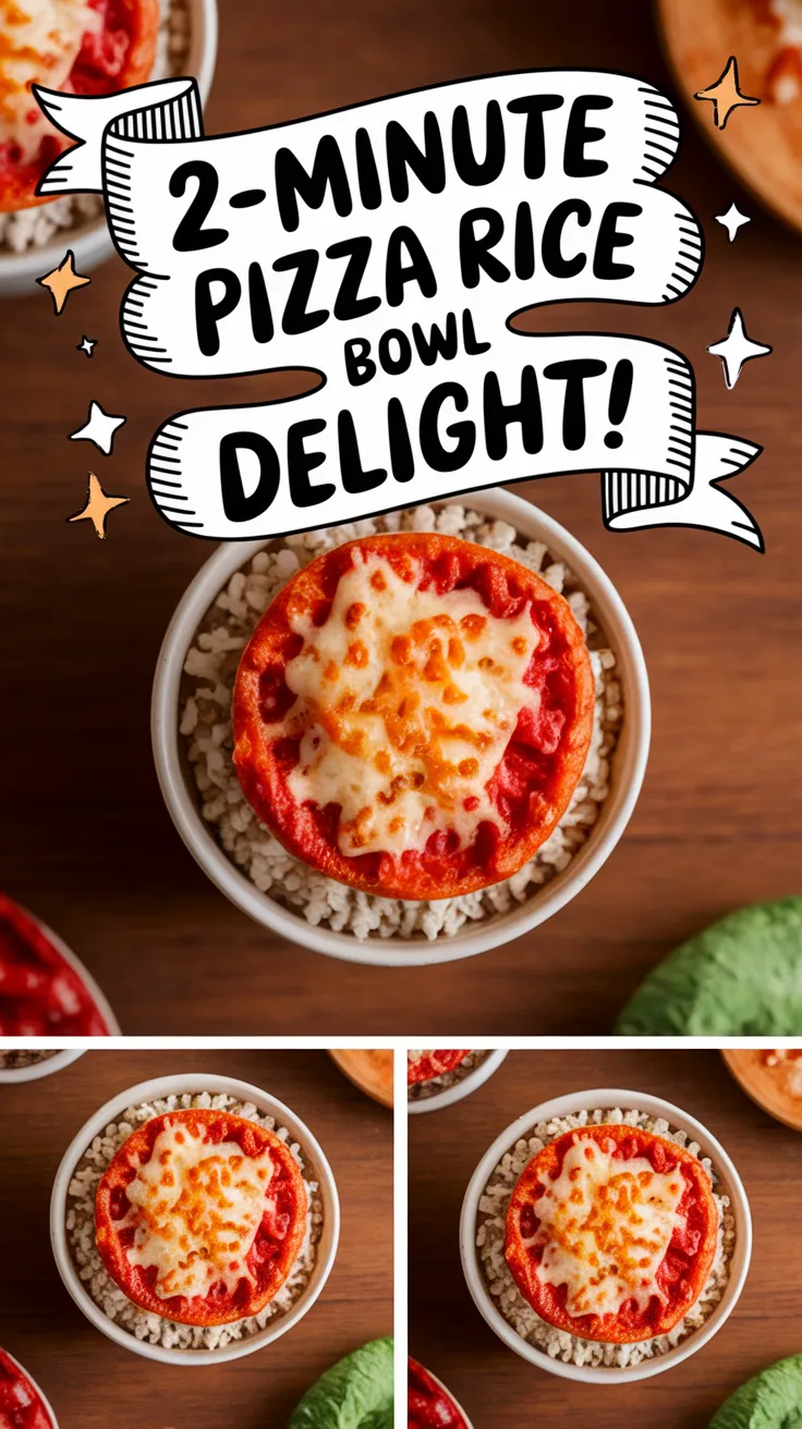 A delicious lazy microwave frozen mini pizza rice bowl topped with cheese and sauce.