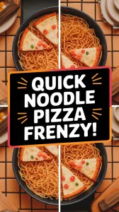 Delicious lazy microwave frozen mini pizza stir-fry noodles with slices of pizza