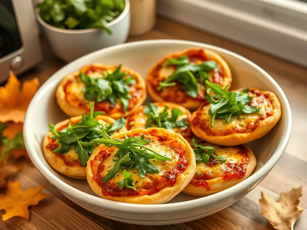 A bowl of mini frozen pizza stir-fry topped with fresh greens, perfect for a lazy meal.