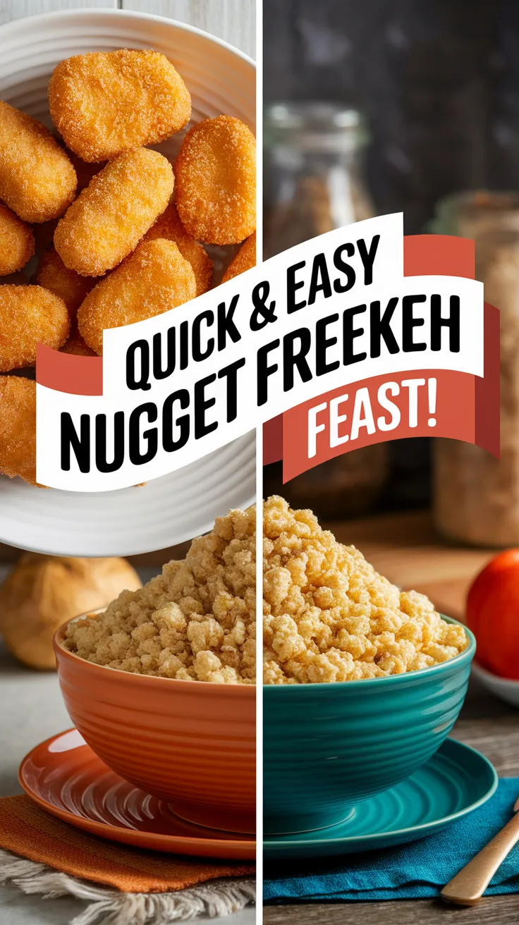 Plate of lazy microwave frozen chicken nuggets next to a bowl of instant freekeh, highlighting a quick meal option.