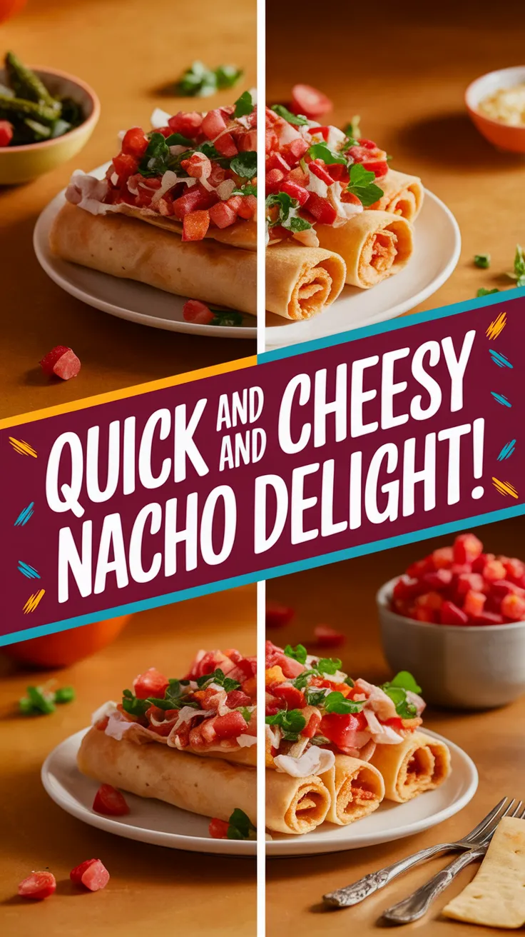 Delicious lazy microwave frozen pizza roll nachos topped with tomatoes and greens.