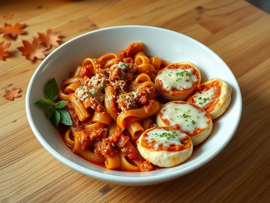 Delicious pasta bake with pizza rolls, perfect for a quick meal.