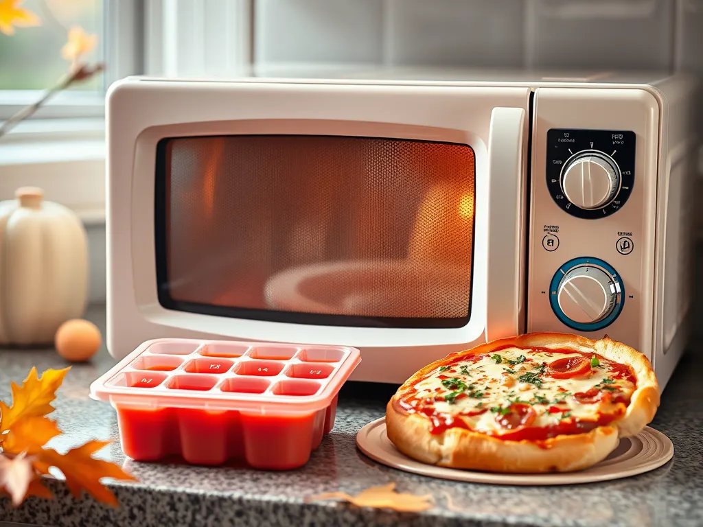 A ready-to-eat frozen pizza toast placed next to a microwave, showcasing convenience.