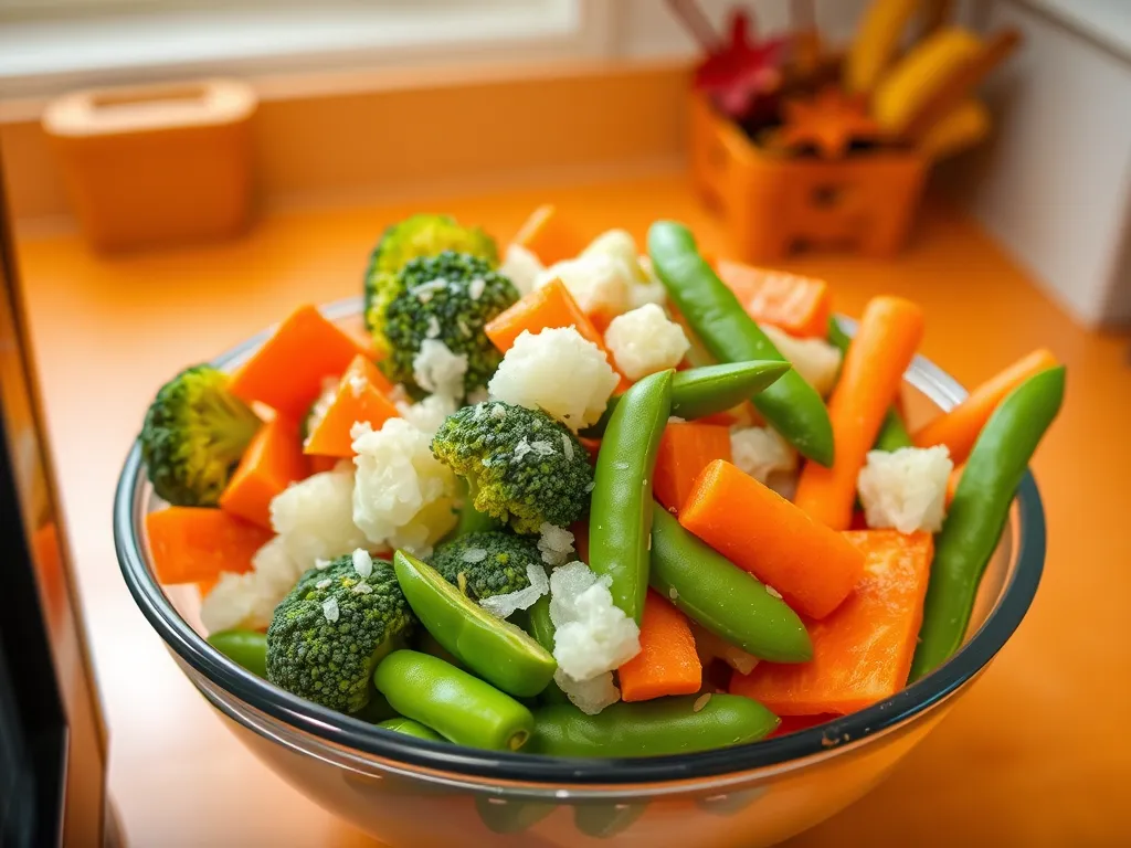 Bowl of colorful frozen vegetables for easy microwave veggie stir-fry