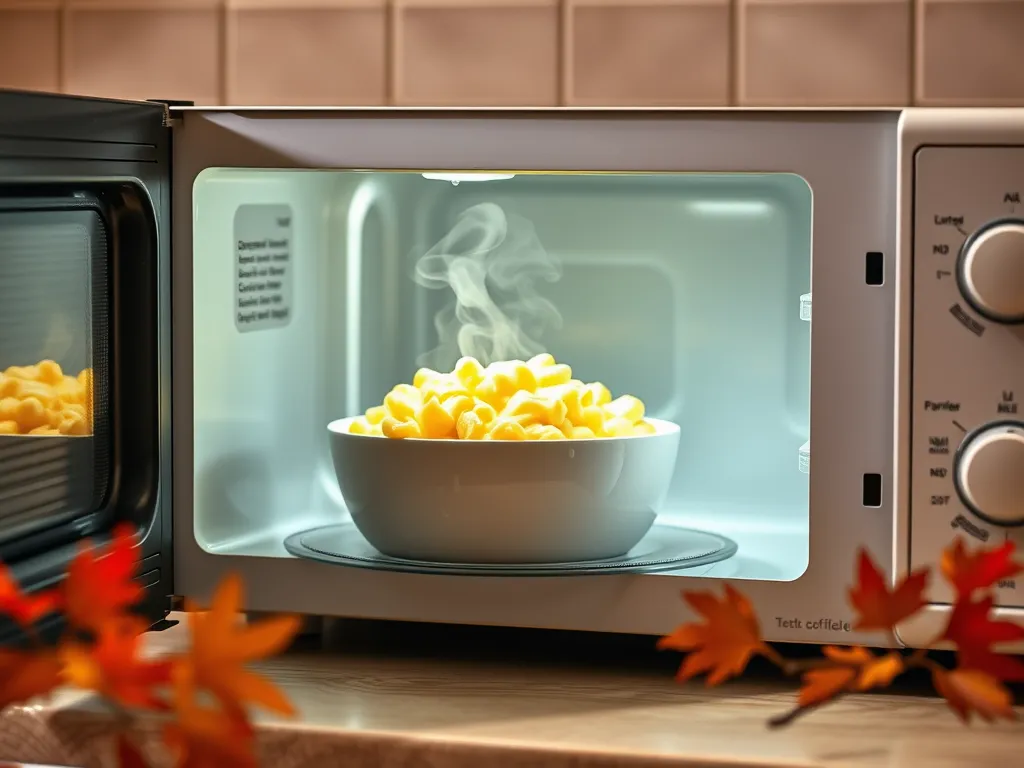 A bowl of pre-cooked pasta steaming in a microwave, ideal for lazy Hamburger Helper meals.