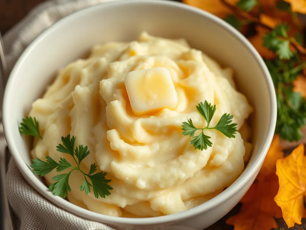 Creamy instant mashed potatoes in a bowl topped with butter and garnished with parsley, perfect for a lazy meal.