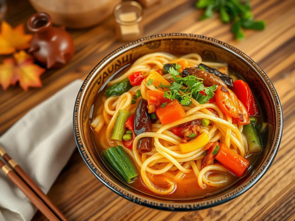 A bowl of lazy microwave instant noodles topped with colorful mixed veggies, ideal for a quick meal.