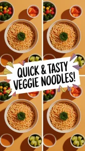Colorful bowl of lazy microwave instant noodles with fresh veggies