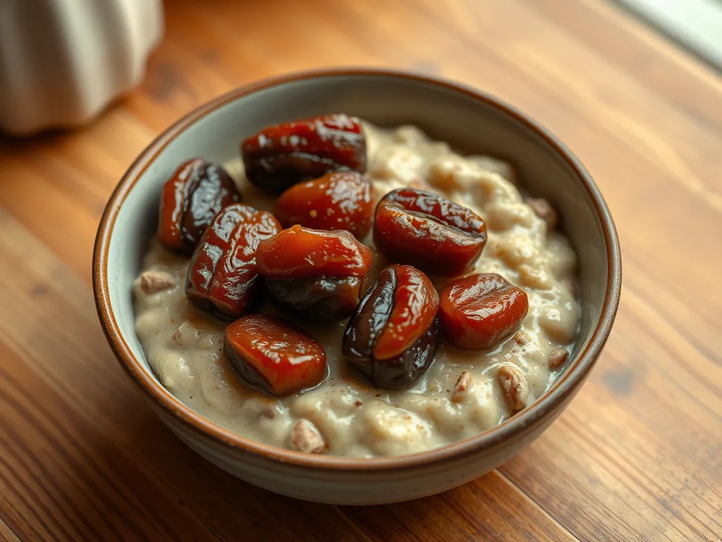 Bowl of lazy microwave instant oatmeal topped with canned dates for a quick breakfast