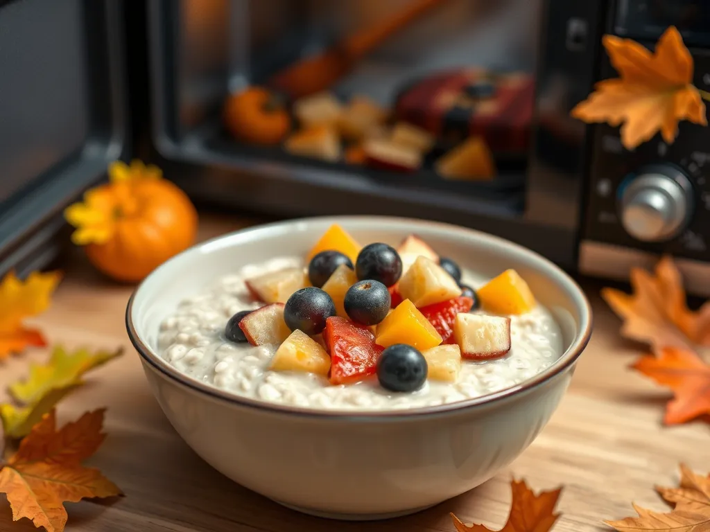 A bowl of lazy microwave instant oatmeal topped with colorful canned mixed fruit, including blueberries, apples, and peaches.